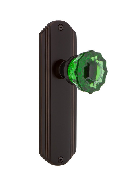 Nostalgic Warehouse - Deco Plate Privacy Crystal Emerald Glass Door Knob in Timeless Bronze - DECCRE - 724383 - 2 3/4" Backset