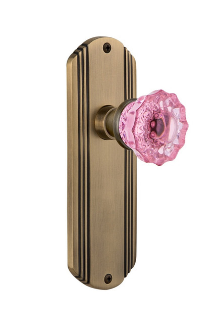 Nostalgic Warehouse - Deco Plate Passage Crystal Pink Glass Door Knob in Antique Brass - DECCRP - 720434 - 2 3/8" Backset