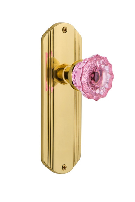 Nostalgic Warehouse - Deco Plate Passage Crystal Pink Glass Door Knob in Unlacquered Brass - DECCRP - 720479 - 2 3/8" Backset
