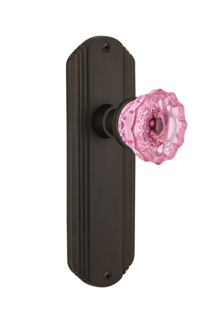 Nostalgic Warehouse - Deco Plate Privacy Crystal Pink Glass Door Knob in Oil-Rubbed Bronze - DECCRP - 724372 - 2 3/4" Backset