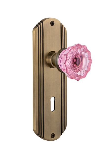 Nostalgic Warehouse - Deco Plate with Keyhole Privacy Crystal Pink Glass Door Knob in Antique Brass - DECCRP - 725334 - 2 3/8" Backset