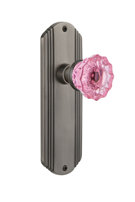 Nostalgic Warehouse - Deco Plate Privacy Crystal Pink Glass Door Knob in Antique Pewter - DECCRP - 724357 - 2 3/8" Backset