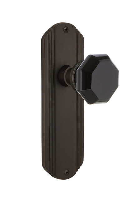 Nostalgic Warehouse - Deco Plate Privacy Waldorf Black Door Knob in Oil-Rubbed Bronze - DECWAB - 724449 - 2 3/8" Backset