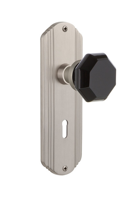 Nostalgic Warehouse - Deco Plate with Keyhole Passage Waldorf Black Door Knob in Satin Nickel - DECWAB - 721497 - 2 3/4" Backset