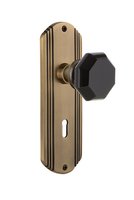 Nostalgic Warehouse - Deco Plate with Keyhole Privacy Waldorf Black Door Knob in Antique Brass - DECWAB - 725385 - 2 3/8" Backset