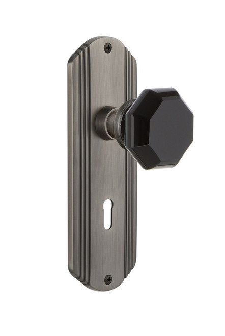Nostalgic Warehouse - Deco Plate with Keyhole Privacy Waldorf Black Door Knob in Antique Pewter - DECWAB - 725389 - 2 3/8" Backset
