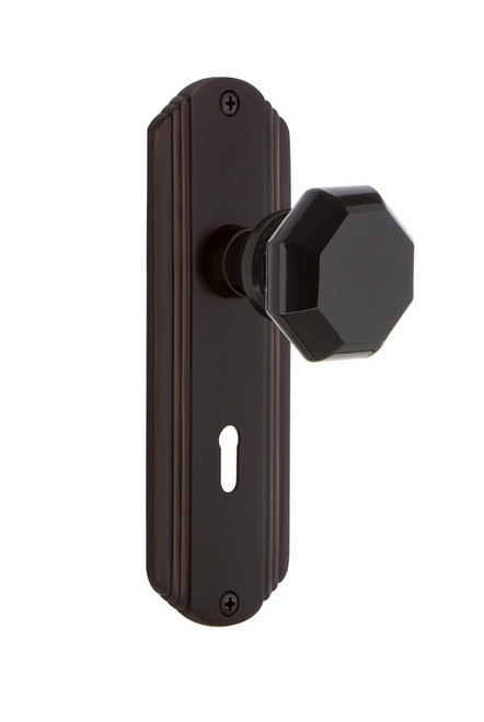 Nostalgic Warehouse - Deco Plate with Keyhole Privacy Waldorf Black Door Knob in Timeless Bronze - DECWAB - 725441 - 2 3/8" Backset