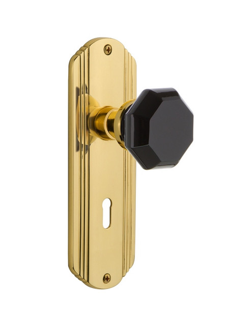 Nostalgic Warehouse - Deco Plate with Keyhole Privacy Waldorf Black Door Knob in Unlacquered Brass - DECWAB - 725425 - 2 3/4" Backset