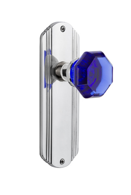 Nostalgic Warehouse - Deco Plate Privacy Waldorf Cobalt Door Knob in Bright Chrome - DECWAC - 724422 - 2 3/4" Backset