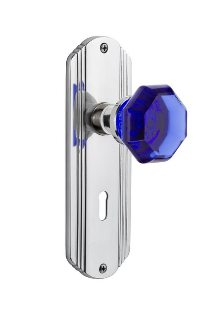 Nostalgic Warehouse - Deco Plate with Keyhole Passage Waldorf Cobalt Door Knob in Bright Chrome - DECWAC - 721482 - 2 3/4" Backset