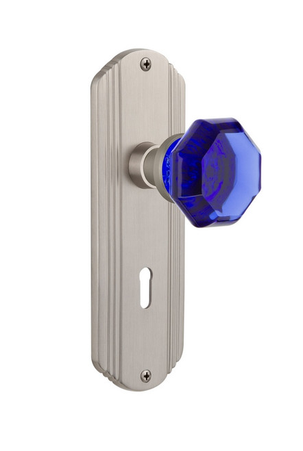 Nostalgic Warehouse - Deco Plate with Keyhole Privacy Waldorf Cobalt Door Knob in Satin Nickel - DECWAC - 725414 - 2 3/4" Backset