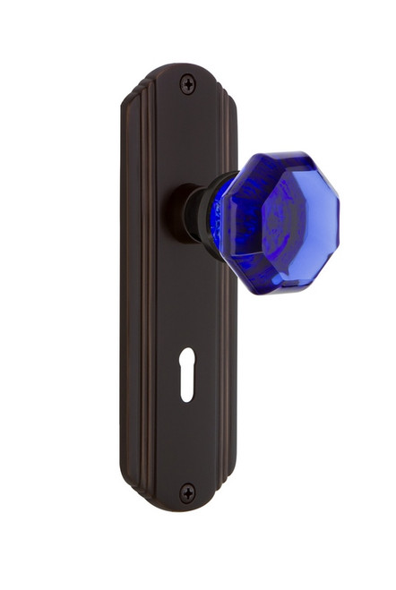 Nostalgic Warehouse - Deco Plate with Keyhole Privacy Waldorf Cobalt Door Knob in Timeless Bronze - DECWAC - 725418 - 2 3/4" Backset
