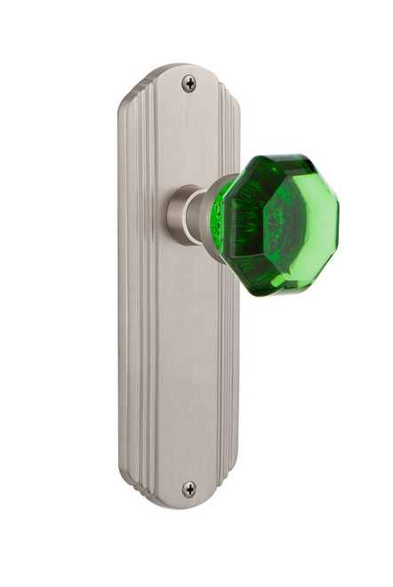 Nostalgic Warehouse - Deco Plate Privacy Waldorf Emerald Door Knob in Satin Nickel - DECWAE - 724456 - 2 3/8" Backset