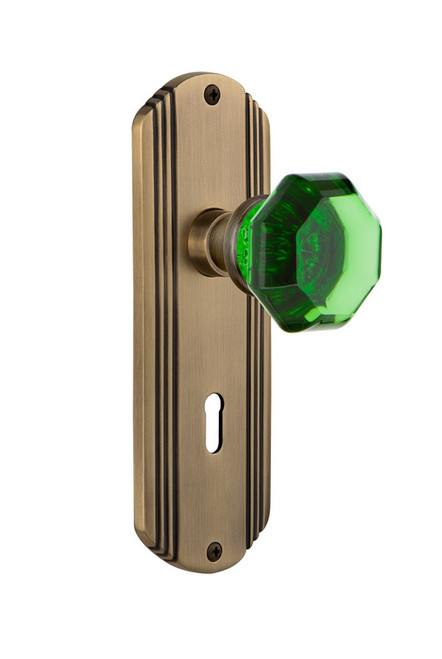 Nostalgic Warehouse - Deco Plate with Keyhole Privacy Waldorf Emerald Door Knob in Antique Brass - DECWAE - 725396 - 2 3/4" Backset