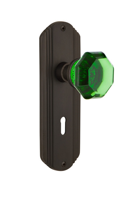 Nostalgic Warehouse - Deco Plate with Keyhole Privacy Waldorf Emerald Door Knob in Oil-Rubbed Bronze - DECWAE - 725408 - 2 3/4" Backset