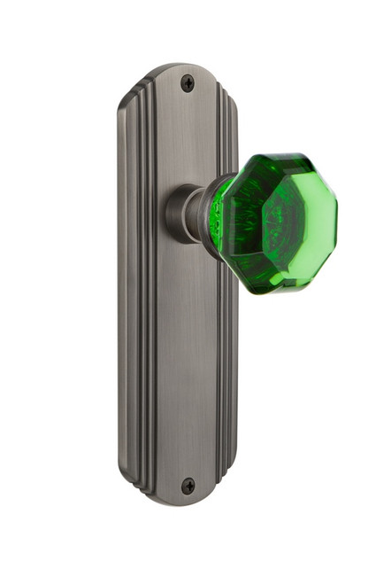 Nostalgic Warehouse - Deco Plate Passage Waldorf Emerald Door Knob in Antique Pewter - DECWAE - 720488 - 2 3/8" Backset