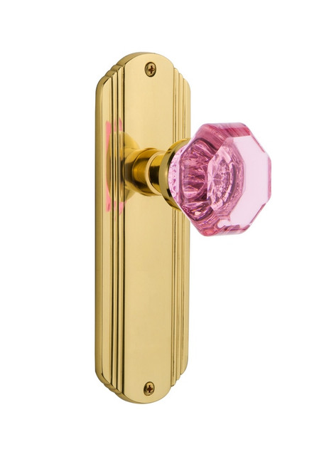 Nostalgic Warehouse - Deco Plate Passage Waldorf Pink Door Knob in Polished Brass - DECWAP - 720511 - 2 3/4" Backset