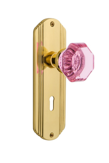 Nostalgic Warehouse - Deco Plate with Keyhole Passage Waldorf Pink Door Knob in Polished Brass - DECWAP - 721511 - 2 3/8" Backset