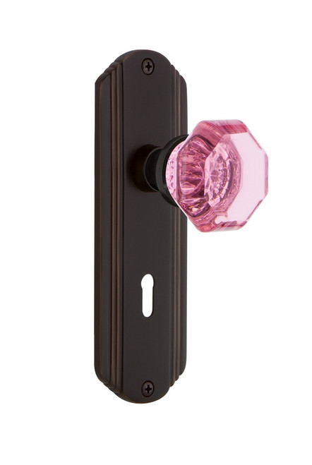 Nostalgic Warehouse - Deco Plate with Keyhole Privacy Waldorf Pink Door Knob in Timeless Bronze - DECWAP - 725439 - 2 3/8" Backset