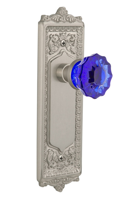 Nostalgic Warehouse - Egg & Dart Plate Privacy Crystal Cobalt Glass Door Knob in Satin Nickel - EADCRC - 724485 - 2 3/4" Backset