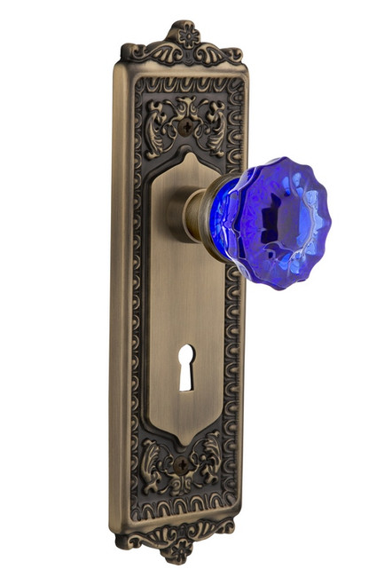 Nostalgic Warehouse - Egg & Dart Plate with Keyhole Privacy Crystal Cobalt Glass Door Knob in Antique Brass - EADCRC - 725453 - 2 3/4" Backset