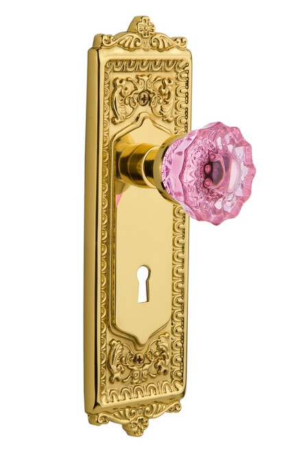 Nostalgic Warehouse - Egg & Dart Plate with Keyhole Passage Crystal Pink Glass Door Knob in Polished Brass - EADCRP - 721541 - 2 3/4" Backset