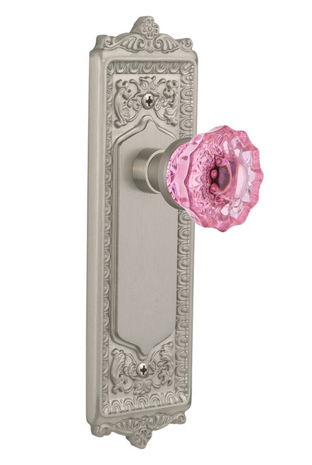 Nostalgic Warehouse - Egg & Dart Plate Privacy Crystal Pink Glass Door Knob in Satin Nickel - EADCRP - 724499 - 2 3/8" Backset