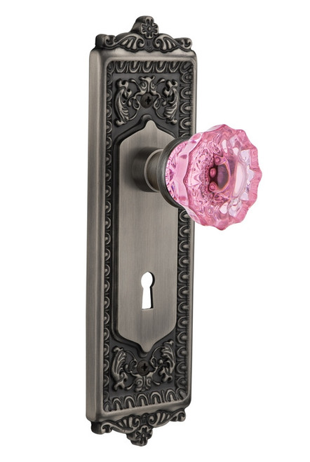 Nostalgic Warehouse - Egg & Dart Plate with Keyhole Privacy Crystal Pink Glass Door Knob in Antique Pewter - EADCRP - 725449 - 2 3/8" Backset