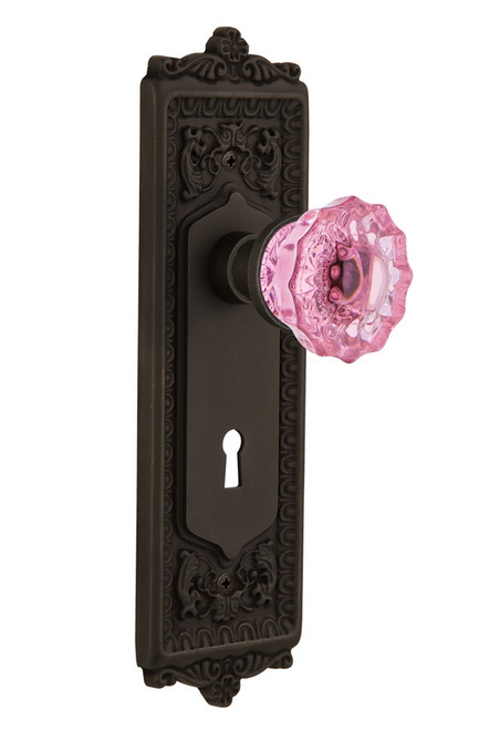 Nostalgic Warehouse - Egg & Dart Plate with Keyhole Privacy Crystal Pink Glass Door Knob in Oil-Rubbed Bronze - EADCRP - 725473 - 2 3/8" Backset