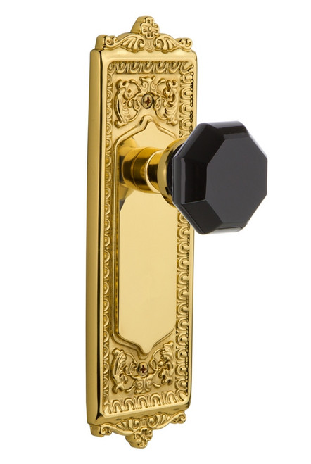 Nostalgic Warehouse - Egg & Dart Plate Privacy Waldorf Black Door Knob in Unlacquered Brass - EADWAB - 724543 - 2 3/4" Backset