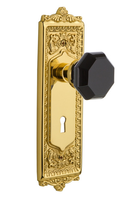 Nostalgic Warehouse - Egg & Dart Plate with Keyhole Privacy Waldorf Black Door Knob in Unlacquered Brass - EADWAB - 725523 - 2 3/4" Backset