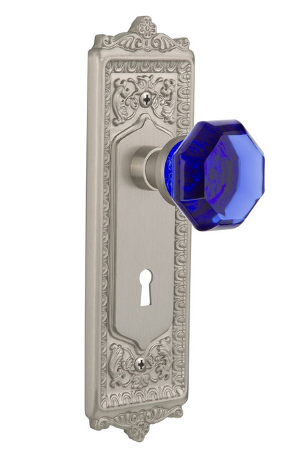 Nostalgic Warehouse - Egg & Dart Plate with Keyhole Passage Waldorf Cobalt Door Knob in Satin Nickel - EADWAC - 721612 - 2 3/8" Backset