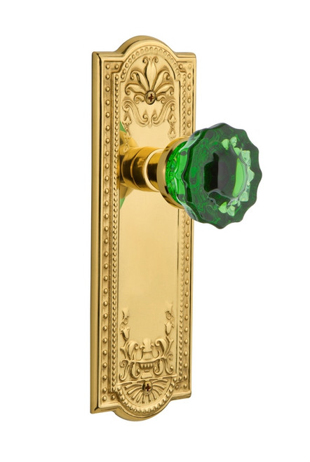 Nostalgic Warehouse - Meadows Plate Privacy Crystal Emerald Glass Door Knob in Polished Brass - MEACRE - 724581 - 2 3/4" Backset