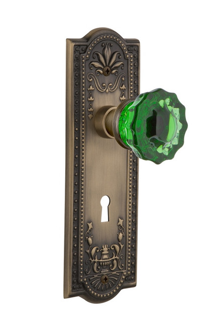 Nostalgic Warehouse - Meadows Plate with Keyhole Privacy Crystal Emerald Glass Door Knob in Antique Brass - MEACRE - 725546 - 2 3/8" Backset