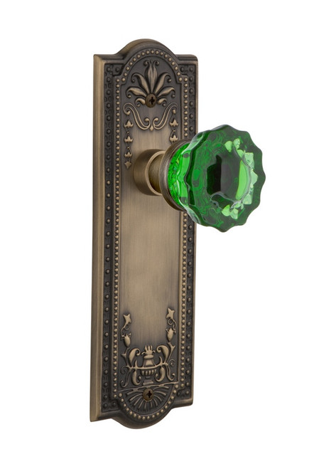Nostalgic Warehouse - Meadows Plate Privacy Crystal Emerald Glass Door Knob in Antique Brass - MEACRE - 724566 - 2 3/8" Backset