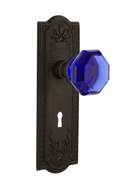 Nostalgic Warehouse - Meadows Plate with Keyhole Privacy Waldorf Cobalt Door Knob in Oil-Rubbed Bronze - MEAWAC - 725602 - 2 3/4" Backset