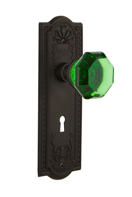 Nostalgic Warehouse - Meadows Plate with Keyhole Privacy Waldorf Emerald Door Knob in Oil-Rubbed Bronze - MEAWAE - 725624 - 2 3/8" Backset