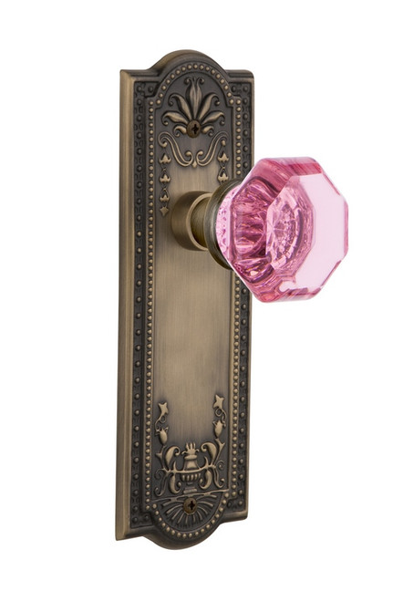 Nostalgic Warehouse - Meadows Plate Passage Waldorf Pink Door Knob in Antique Brass - MEAWAP - 720695 - 2 3/4" Backset