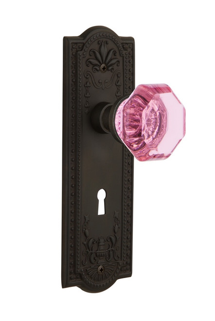 Nostalgic Warehouse - Meadows Plate with Keyhole Privacy Waldorf Pink Door Knob in Oil-Rubbed Bronze - MEAWAP - 725603 - 2 3/4" Backset