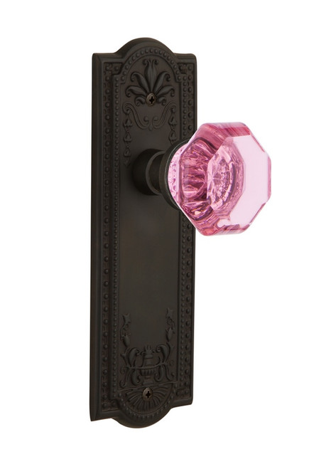 Nostalgic Warehouse - Meadows Plate Privacy Waldorf Pink Door Knob in Oil-Rubbed Bronze - MEAWAP - 724643 - 2 3/8" Backset