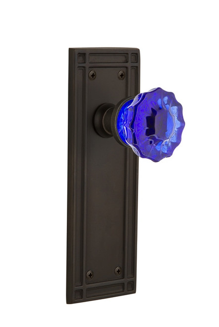 Nostalgic Warehouse - Mission Plate Privacy Crystal Cobalt Glass Door Knob in Oil-Rubbed Bronze - MISCRC - 724675 - 2 3/4" Backset