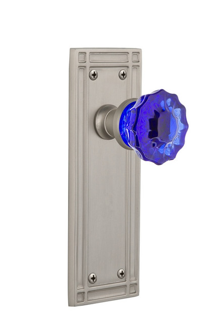 Nostalgic Warehouse - Mission Plate Privacy Crystal Cobalt Glass Door Knob in Satin Nickel - MISCRC - 724678 - 2 3/4" Backset