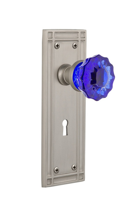 Nostalgic Warehouse - Mission Plate with Keyhole Privacy Crystal Cobalt Glass Door Knob in Satin Nickel - MISCRC - 725658 - 2 3/4" Backset