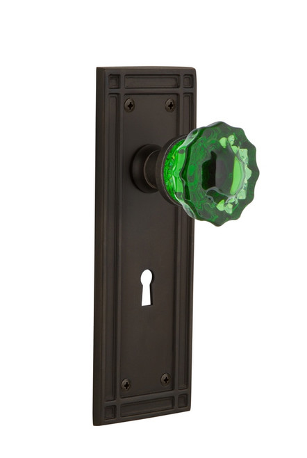 Nostalgic Warehouse - Mission Plate with Keyhole Privacy Crystal Emerald Glass Door Knob in Oil-Rubbed Bronze - MISCRE - 725665 - 2 3/8" Backset