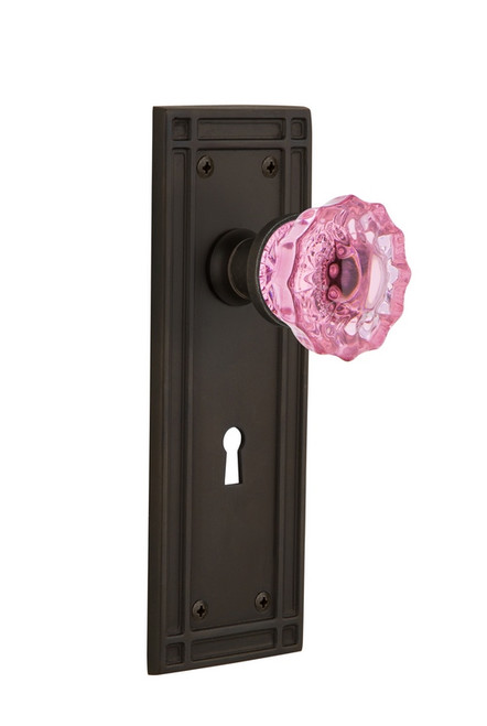 Nostalgic Warehouse - Mission Plate with Keyhole Privacy Crystal Pink Glass Door Knob in Oil-Rubbed Bronze - MISCRP - 725654 - 2 3/4" Backset