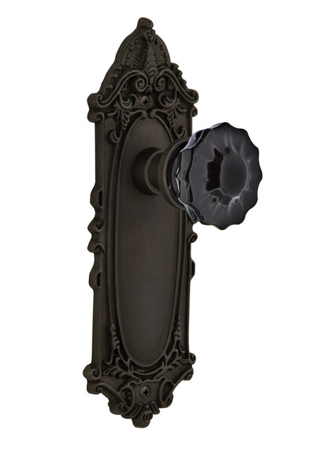 Nostalgic Warehouse - Victorian Plate Passage Crystal Black Glass Door Knob in Oil-Rubbed Bronze - VICCRB - 726777 - 2 3/8" Backset