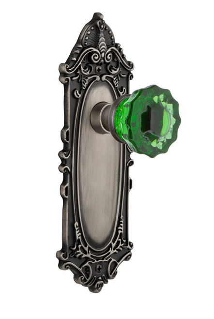 Nostalgic Warehouse - Victorian Plate Privacy Crystal Emerald Glass Door Knob in Oil-Rubbed Bronze - VICCRE - 725180 - 2 3/4" Backset