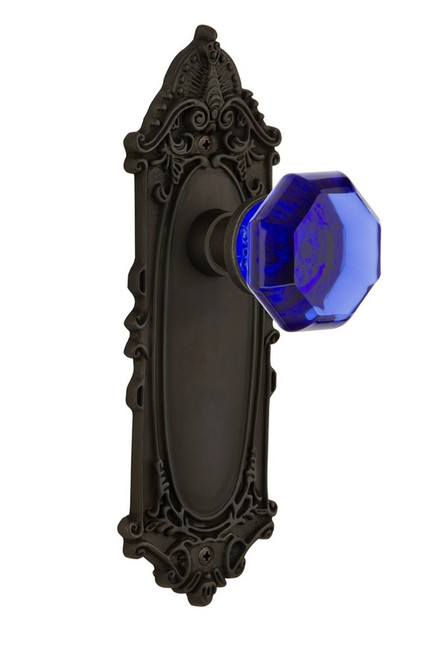 Nostalgic Warehouse - Victorian Plate Privacy Waldorf Cobalt Door Knob in Oil-Rubbed Bronze - VICWAC - 725224 - 2 3/4" Backset