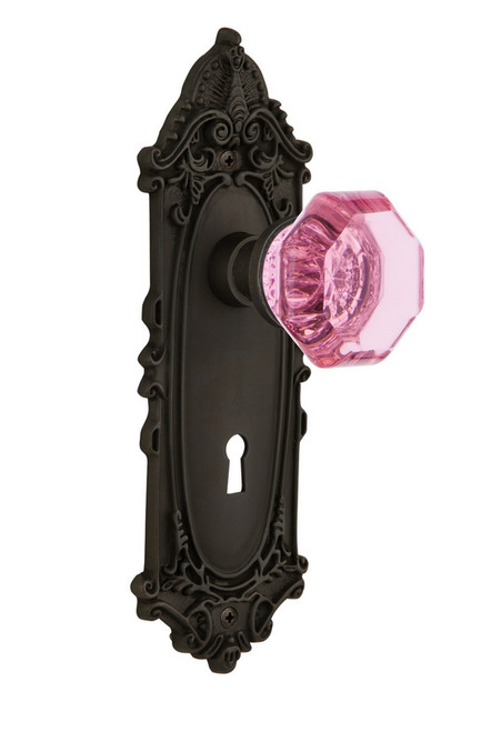 Nostalgic Warehouse - Victorian Plate with Keyhole Passage Waldorf Pink Door Knob in Oil-Rubbed Bronze - VICWAP - 722075 - 2 3/4" Backset