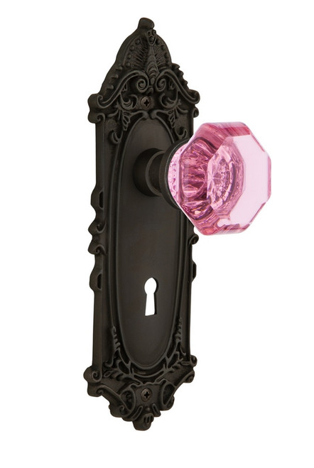 Nostalgic Warehouse - Victorian Plate with Keyhole Passage Waldorf Pink Door Knob in Oil-Rubbed Bronze - VICWAP - 722095 - 2 3/8" Backset